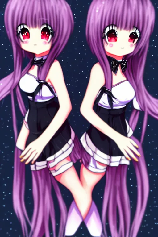 Image similar to two beautiful female idols with twintails facing each other, dark background, detailed anime art