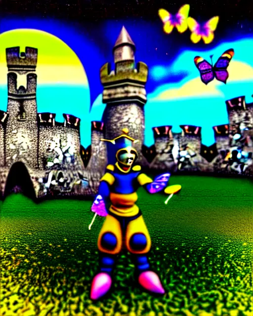 Prompt: 3 d render of chibi medieval jester standing in cybernetic mountain landscape with castle ruins against a psychedelic surreal background with 3 d butterflies and 3 d flowers n the style of 1 9 9 0's cg graphics against the cloudy night sky, lsd dream emulator psx, 3 d rendered y 2 k aesthetic by ichiro tanida, 3 do magazine, wide shot