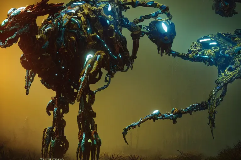 Image similar to portrait of a posed hyper detailed yellow scrounger evangelion realistic mechanical and fleshy organic creature similar look as horizon forbidden west horizon zero dawn bioluminiscence in a dark deep forest at dawn in spring, with reflection and textures, by kilian eng, substance painter reaslitic mech surface metal painted scratches