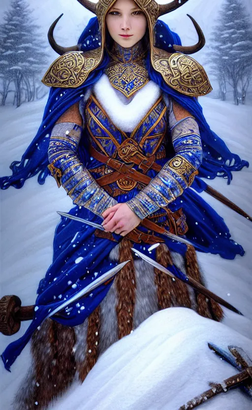 Image similar to royal blue viking warrior, regal, elegant, winter, snow, beautiful, stunning, hd, illustration, epic, d & d, fantasy, intricate, elegant, highly detailed, wide angle, digital painting, artstation, concept art, smooth, sharp focus, illustration, wallpaper, art by artgerm and greg rutkowski and alphonse mucha and jin xiaodi