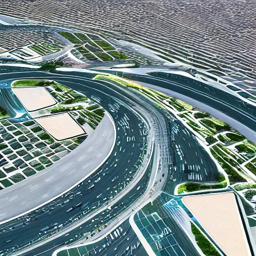 Prompt: Smart, Innovative & Sustainable City With Invisible Infrastructure and Urban Development neom linear city mirror wall highway roads desert futuristic aerial view