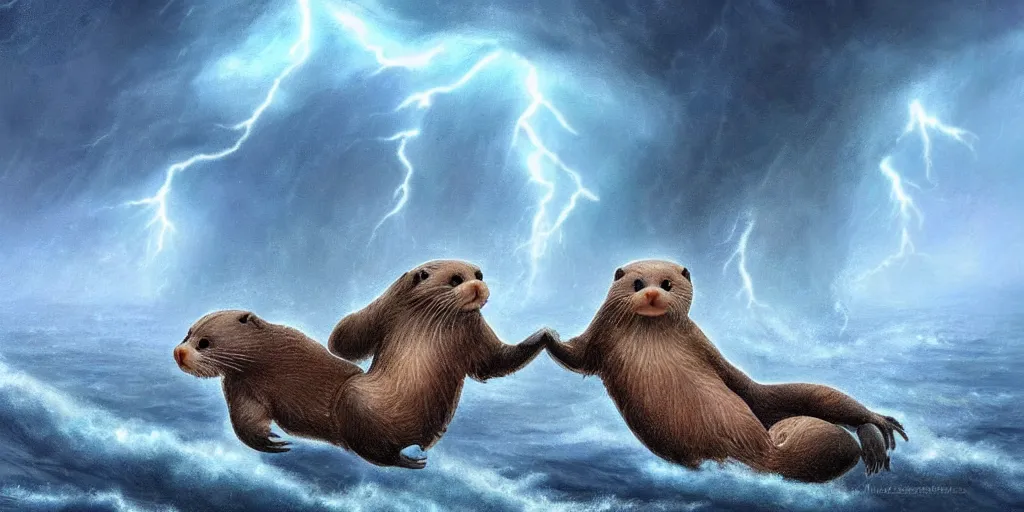 Prompt: beautiful incredible fantasy illustration of a pair of adorable otters falling in love holding hands in a huge storm at sea cinematic dreamlike detailed trending on artstation masterpiece