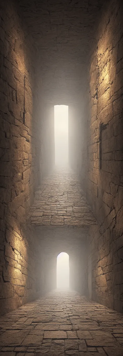 Prompt: Infinite ancient stone floor hallway with bookshelves along the walls, shadows, dark, torchlight, spooky, eerie, magical, fantasy, vanishing point, enchanted, beige mist, dust, hyper realistic, sunset, octane render, trending on artstation, artstationHD, artstationHQ, unreal engine, 4k, 8k