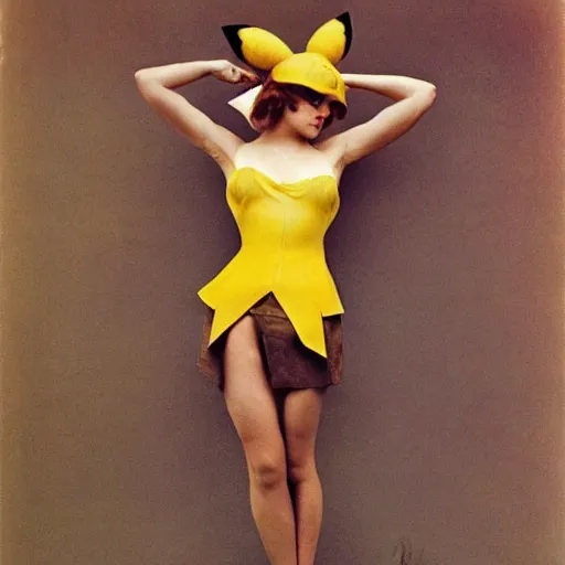 Image similar to elegant woman dressed up as pikachu, art photo by Annie Liebovitz and David Hamilton and Alphonse Mucha