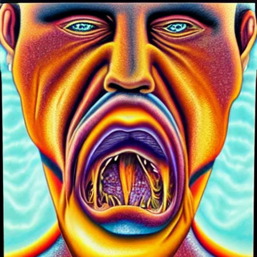 Prompt: Alex grey painting of someone sneezing