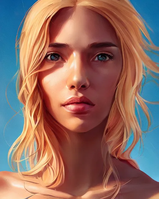 Image similar to summer vibes, beautiful sun tanned woman portrait, flowy golden hair, sun, summer, cinematic lighting, highly detailed, digital painting, trending on artstation, pixiv, concept art, sharp focus, illustration, art by ross tran and wlop