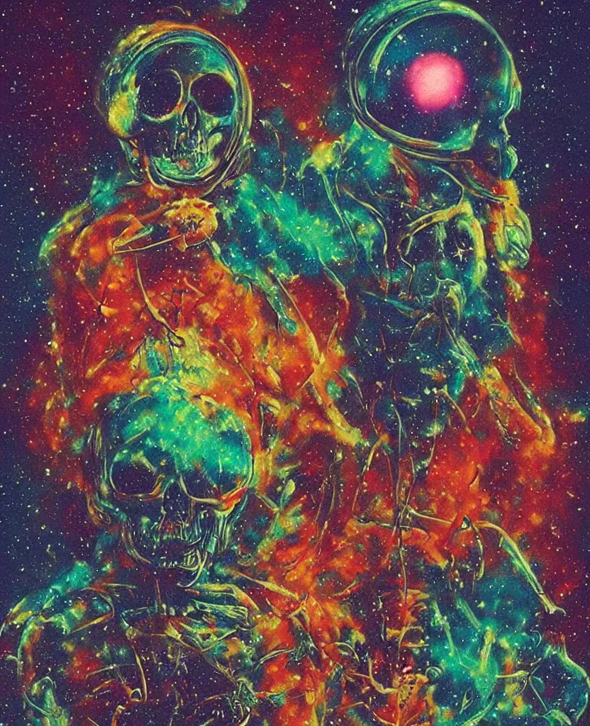 Prompt: a psychedelic cosmonaut skeleton tearing his suit off, rainbow melting color scheme, floating in the cosmos nebula, glass space helmet, Beksinski, ❤️‍🔥 🔥 💀👁️ 🚀