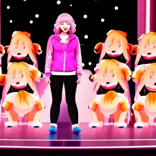 Image similar to chiaki nanami, a japanese girl with light beige-pink hair in a bob that curls outward, a galaga hairpin, a dark turquoise hoodie, and a kind smiling face stars in her own broadway show, chiaki nanami from danganronpa, proshot getty images fullbody stage lights, gamer themed, professional photography