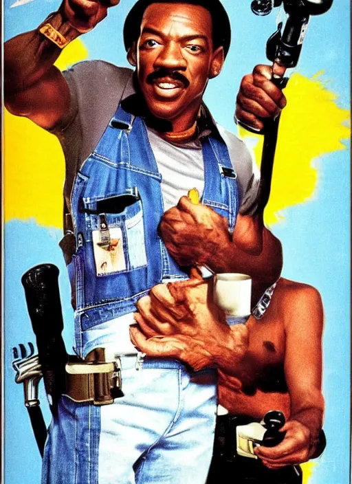 Image similar to an 8 0's john alvin action movie poster starring eddie murphy face as a plumber to rich people. bathroom. overalls. tool belt. the movie is called beverly hills crap