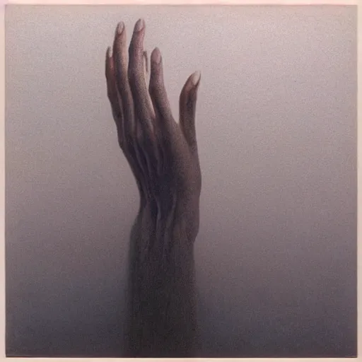 Prompt: hand reaching out of thick fog, zdzislaw beksinski