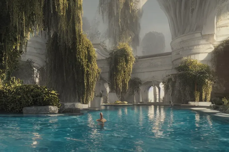 Image similar to serene pool in white citadel, hyper realistic, ambient lighting, concept art, intricate, hyper detailed, smooth, dynamic volumetric lighting, octane, raytrace, cinematic, high quality, high resolution, 4 k, cgsociety, rutkowski, gurney