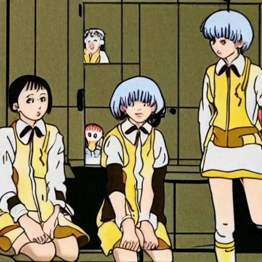 Prompt: screenshot from guro anime, 8 0's horror anime, yellowed grainy vhs footage with noise, four schoolgirls trapped in a bathroom, bathroom stalls and sinks and tiled floor, girls are in beige sailor school uniforms, one girl has white hair, detailed expressive faces, various hair colors and styles, in the style of studio ghibli,