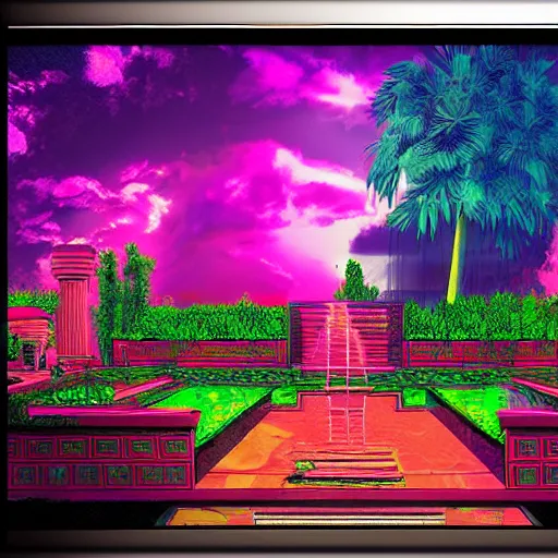 Prompt: babylonian garden, epic retrowave art, trending on art station