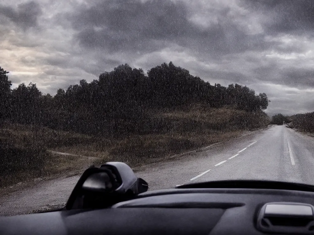 Image similar to dash cam footage, A dark ghost in the middle of a road staring at the driver. dramatic lighting, bad weather, dark clouds, horror footage, highly realistic. live cam