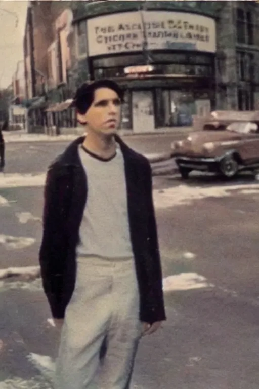 Prompt: still from vhs footage of jughead walking down street