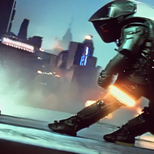 Prompt: film still from the 'Future Force' (1995). Exciting futuristic action scene with explosions and a motorcycle jumping a bridge. Sigma 85mm f/2.4