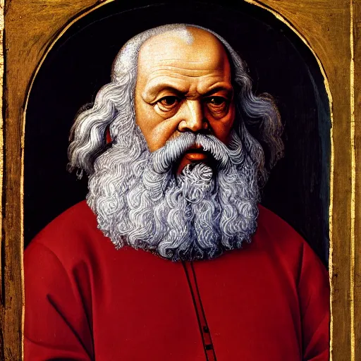 Prompt: beautiful renaissance painting portrait of karl marx by sandro botticelli, jan van eyck, tiziano vecelli, piero della francesca