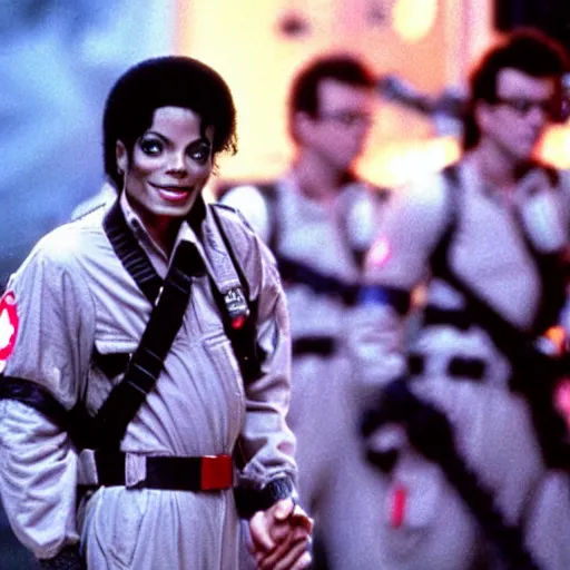 Prompt: stunning awe inspiring michael jackson as a ghostbuster in the movie ghostbusters, movie still 8 k hdr atmospheric lighting