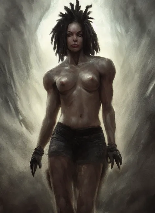 Image similar to girl with pale white skin and black dreadlocks, muscular upper body, beautiful highly detailed face, complementary lighting, backlit, black eyeshadow, dark eyes, adventure, dramatic lighting, landscape background, beautiful painting by artgerm and greg rutkowski and raymond swanland