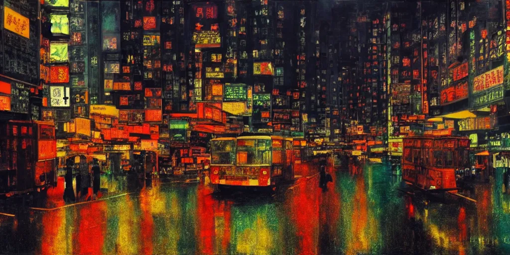 Prompt: a hong kong street, by peter doig, highly detailed, dramatic lighting, 8 k