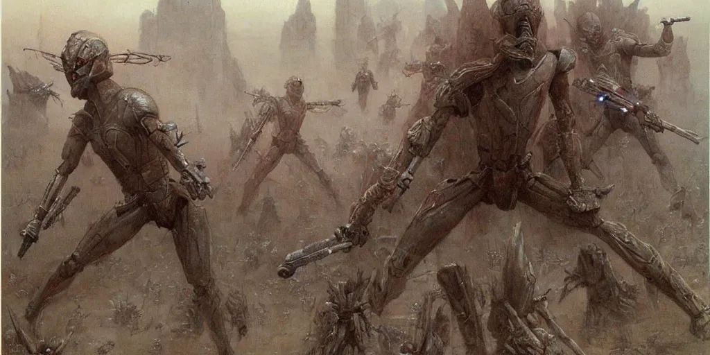 Prompt: Battles of the Clone Wars (from Star Wars) by Beksinski, Luis Royo