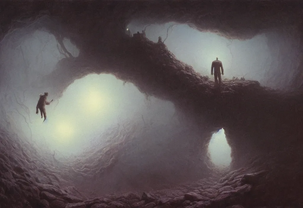 Image similar to will farrell and john c. reilly entering a chasm full of unspeakable cosmic horrors, horror, terrifying atmosphere, atmospheric, by greg rutkowski and zdzisław beksinski, 8 k