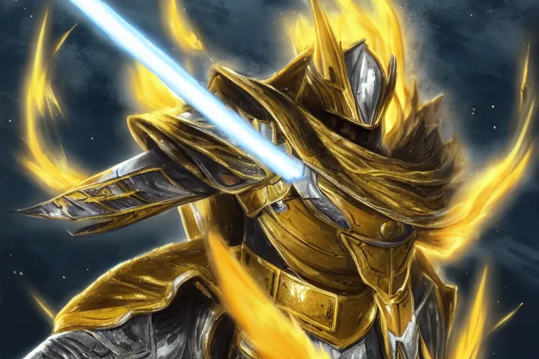 Image similar to an ultra detailed portrait of saladin as a shonen anime protagonist charging into battle wearing bright gold armor and huge flaming longsword blessed by god, epic anime fantasy, 8 k, volumetric lighting, smooth, highly detailed, digital illustration, art by kentaro miura and akira toriyama and albert bierstadt and greg rutkowsi, artstation