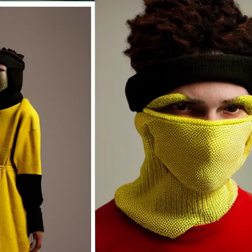 Image similar to realistic! photoshoot for a new balenciaga lookbook, color film photography, portrait of a beautiful woman wearing a balaclava puffer mask, photo in style of tyler mitchell, 35mm lens