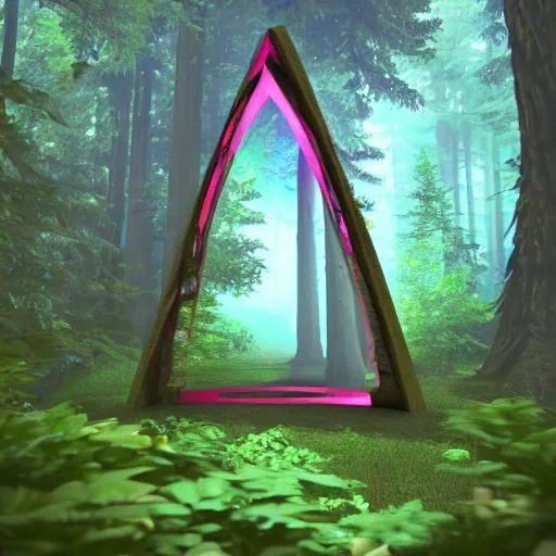 Image similar to a portal in the forest in the shape of a triangle that leads to a vapor wave alternate universe, 8k, trees, path