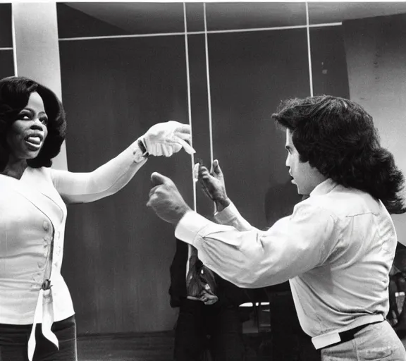 Image similar to john travolta and Oprah Winfrey doing whip-it’s, photograph by Dorothea Lange