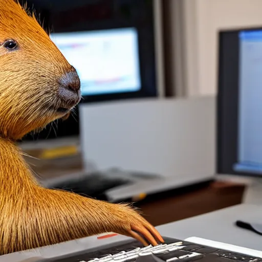 Image similar to A picture of a capybara programming a computer