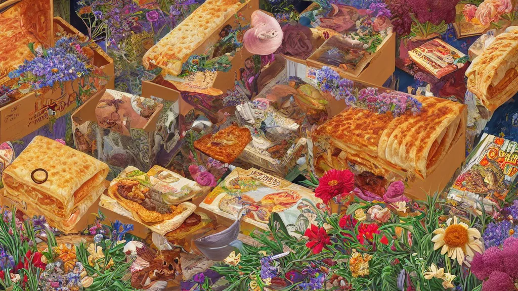 Image similar to highly detailed oil painting of a box of hot pockets surrounded by all the known species of flowers by olaf hayek, by moebius, by oliver vernon, by joseph moncada, by damon soule, by manabu ikeda, by kyle hotz, by dan mumford, by kilian eng