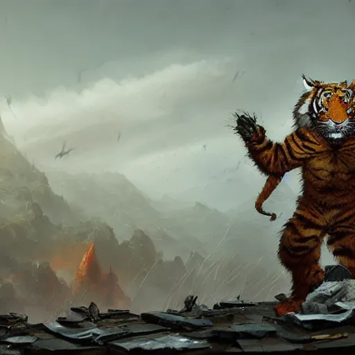 Image similar to shredded physique crisp defined furry fuzzy Man Streetfighter the elder scrolls oblivion Dude wearing Tiger Costume standing atop dumpster greg rutkowski greg danton tony sart raymond swanland chris foss chris cold christophe norman rockwell young acrylic 4k artstation wikiart wikipedia realism tilt-shift