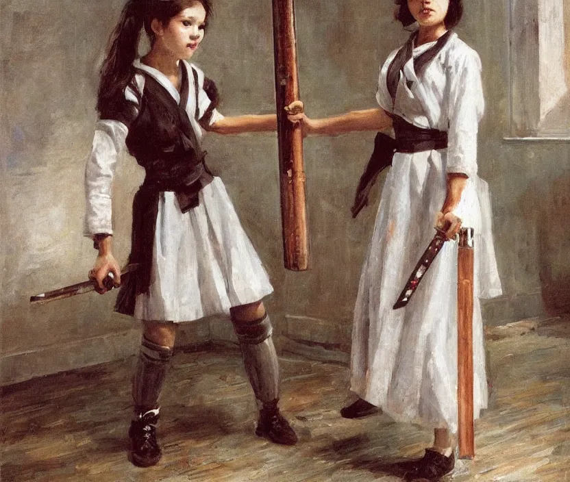 Image similar to School girl holding a katana and standing on an abandoned hospital room , by Konstantin Razumov, horror scene, highly detailded