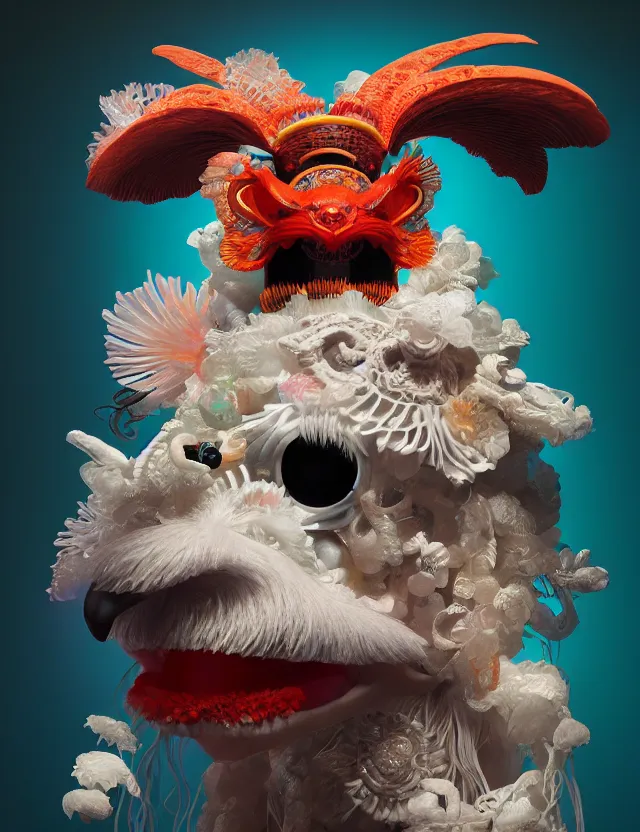 Prompt: 3 d muppet portrait with ram skull. beautiful intricately detailed japanese crow kitsune mask and clasical japanese kimono. betta fish, jellyfish phoenix, bio luminescent, plasma, ice, water, wind, creature, artwork by tooth wu and wlop and beeple and greg rutkowski