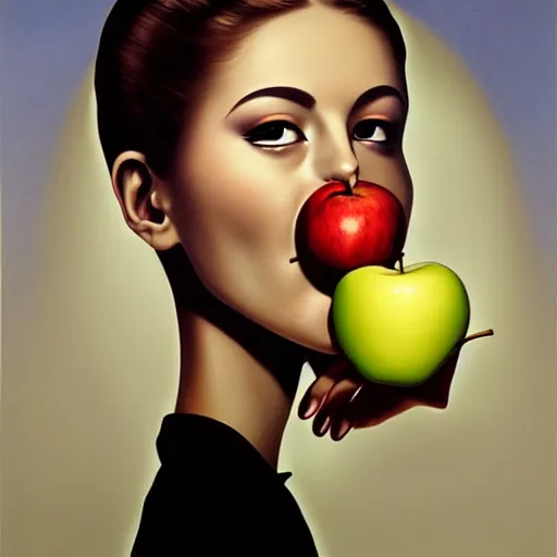 Prompt: a painting of a woman with an apple in her mouth, an ultrafine detailed painting by rafal olbinski, behance contest winner, pop surrealism, detailed painting, skeuomorphic, airbrush art