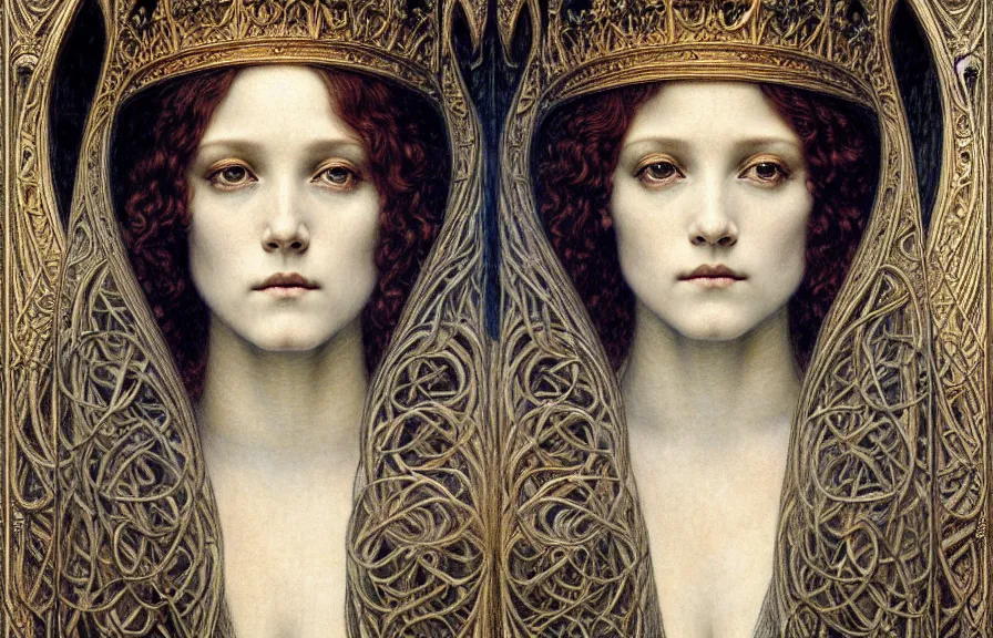 Image similar to detailed realistic beautiful young medieval queen face portrait by jean delville, gustave dore and marco mazzoni, art nouveau, symbolist, visionary, gothic, pre - raphaelite. horizontal symmetry