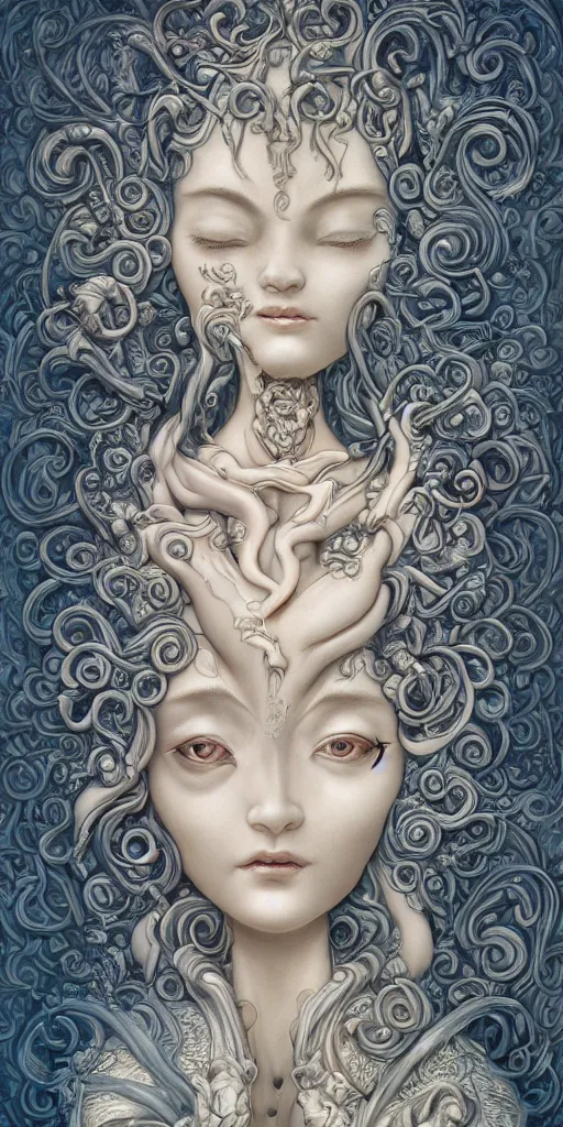 Image similar to a sculpture of mythical creatures by hannah yata, elegant and beautiful female face with her third eye open, carved in stone, intricate, elegant, highly detailed, digital painting by audrey kawasaki, artstation, concept art, ambient occlusion, smoke, foggy vray render,