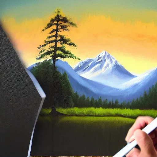 Image similar to a closeup photorealistic photograph of bob ross completing a canvas painting of kenny powers. mountains and trees. film still. brightly lit scene. this 4 k hd image is trending on artstation, featured on behance, well - rendered, extra crisp, features intricate detail, epic composition and the style of unreal engine.