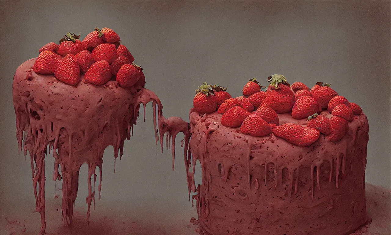 Image similar to a strawberry birthday cake, body horror, by gerard brom, zdzisław beksinski and ansel adams technicolor