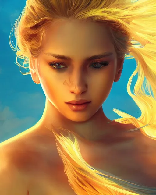 Image similar to summer vibes, beautiful sun goddess, flowy yellow golden hair, sun, summer, cinematic lighting, highly detailed, digital painting, trending on artstation, pixiv, concept art, sharp focus, illustration, art by ross tran and wlop