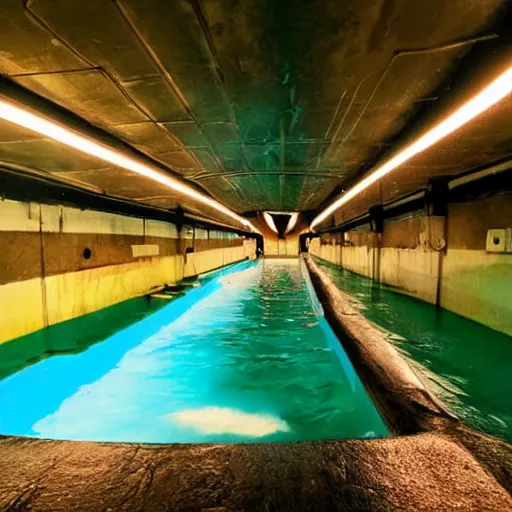 Image similar to an underground water park, dingy, dark lighting, after hours, dark,