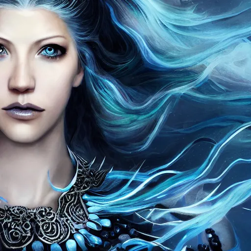 Prompt: masterpiece portrait of an aesthetic mage woman, ice spell, 3 0 years old woman, ( katheryn winnick like ), black dynamic hair, wearing silver diadem with blue gems inlays, silver necklace, painting by joachim bergauer and magali villeneuve, atmospheric effects, chaotic blue sparks dynamics in the background, intricate, artstation, fantasy