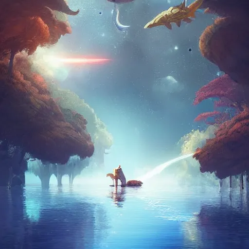 Image similar to Astronauts and some mythical animals are resting to the side of a reflecting lake, this is a surface of a planet with wacky wildlife, some planets and nebulas are as background, by Jordan Grimmer digital art, trending on Artstation,