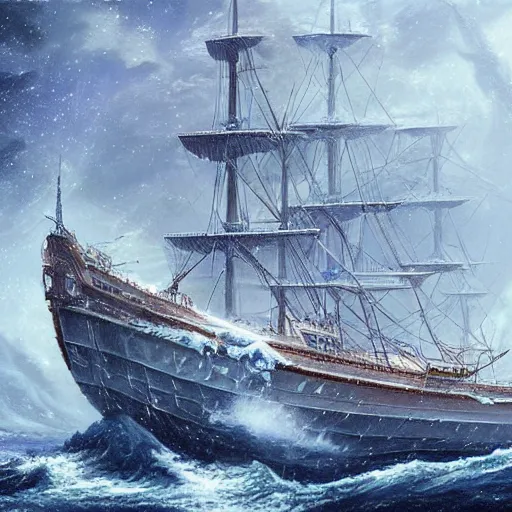 Prompt: a victorian era exploration frigate lost in the arctic, attacked by a polar kraken, in a snowstorm art by artgerm and Todd Shorr, featured on artstation