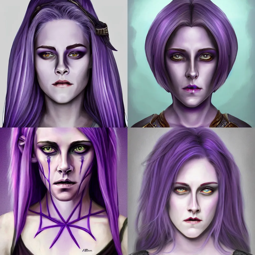 Prompt: head-on centered symmetrical painted portrait, violet-skinned!!! violet-skinned!!! Kristen Stewart as a D&D wizard, dark-purple skin!!! violet-skinned!!! violet-skinned!!! white hair!!! elf ears, fantasy, highly detailed, digital painting, smooth, sharp focus, illustration, dramatic lighting, artstation, in the style of Artgerm and Anna Podedworna and Alex Ross