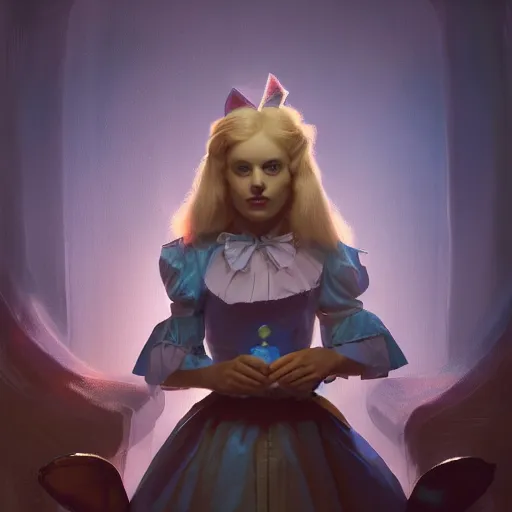 Image similar to A portrait of Alice in Wonderland, huggy wuggy from poppy playtime video game, fullbody, ultra high detailed, glowing lights, oil painting, Greg Rutkowski, Charlie Bowater, Beeple, unreal 5, DAZ, hyperrealistic, octane render, RPG portrait, dynamic lighting, fantasy art, beautiful face