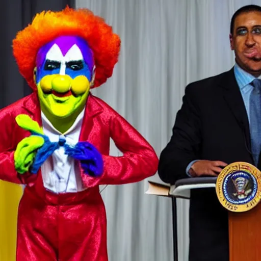 Image similar to string puppet of a president with clown makeup in a podium and a human shadow behind