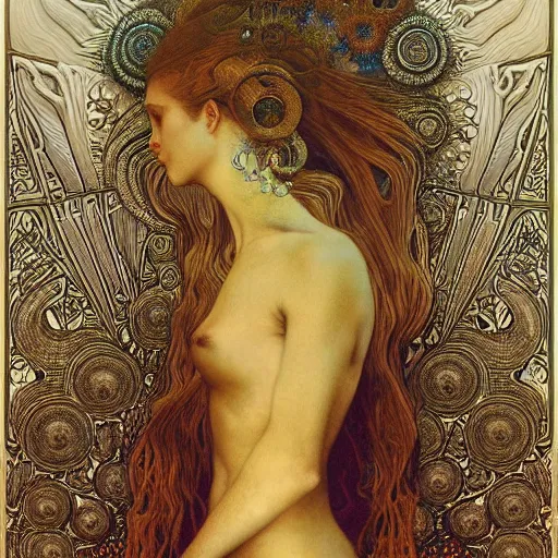 Image similar to queen of jupiter by zdzisław beksinski and alphonse mucha. highly detailed, hyper - real, very beautiful, intricate fractal details, very complex, trending on deviantart and artstation