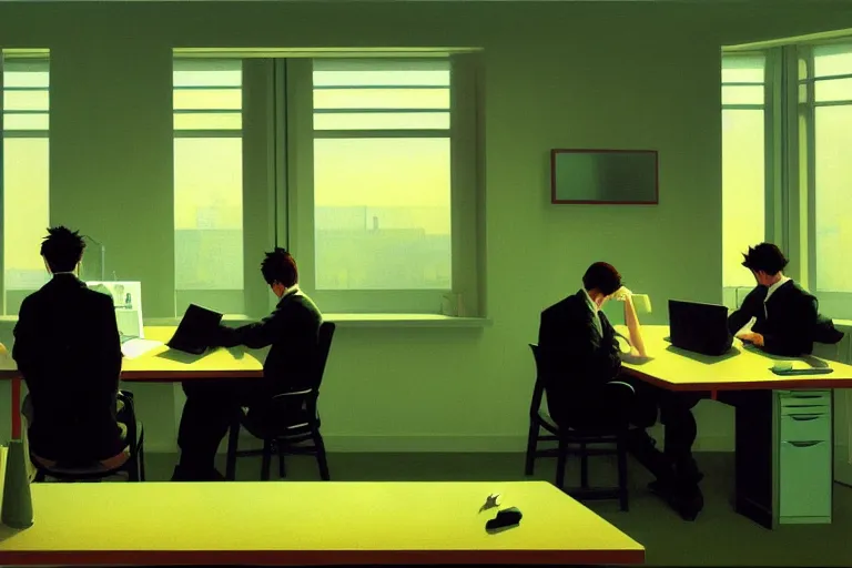 Image similar to anime key visual of three workers sitting in an office cubicle on the computer, style of jamie wyeth james gilleard edward hopper greg rutkowski acrylic painting, preserved museum piece, historical